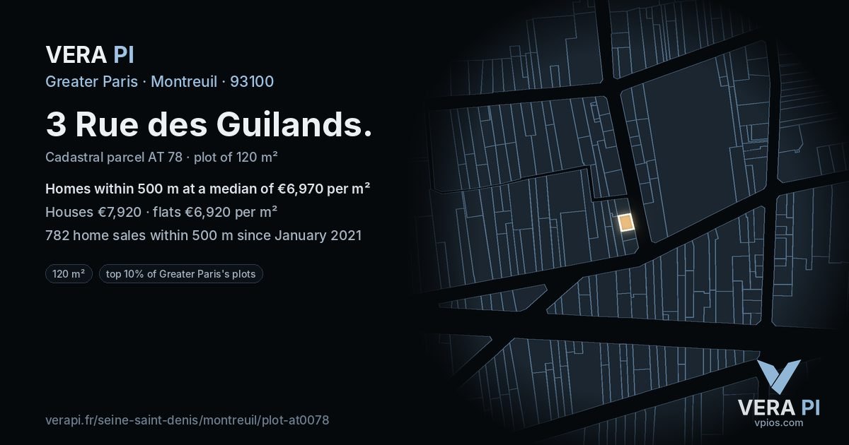 3 Rue des Guilands, Montreuil at night – the plot lit, the parcels around coloured by the prices near them