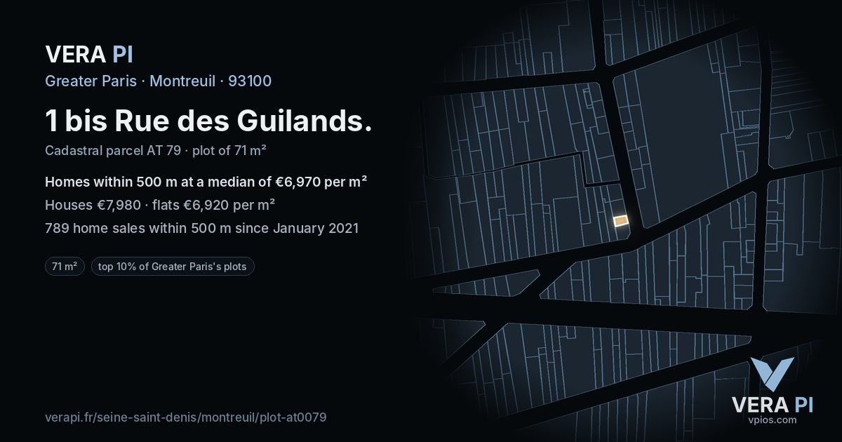 1 bis Rue des Guilands, Montreuil at night – the plot lit, the parcels around coloured by the prices near them