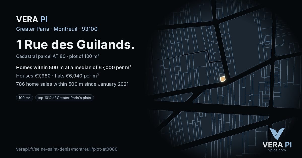 1 Rue des Guilands, Montreuil at night – the plot lit, the parcels around coloured by the prices near them