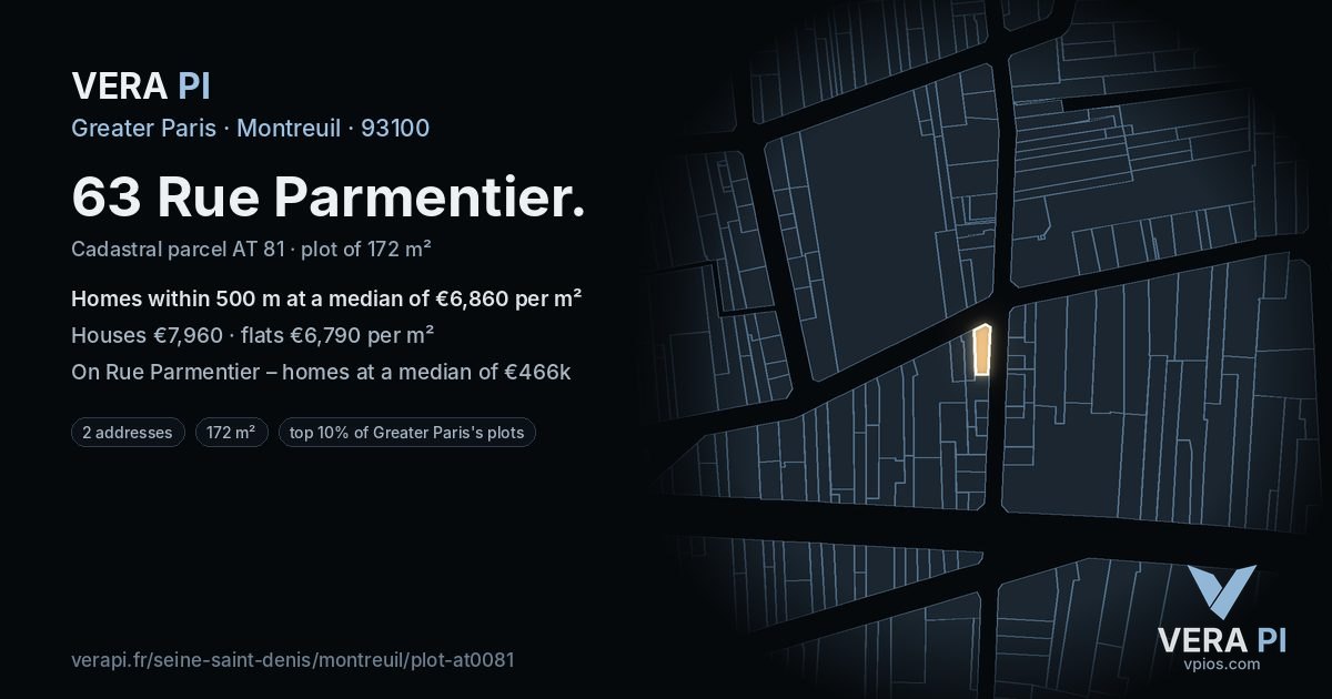 63 Rue Parmentier, Montreuil at night – the plot lit, the parcels around coloured by the prices near them