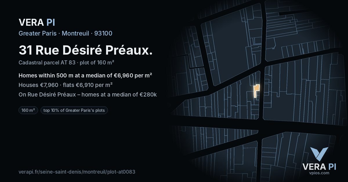 31 Rue Désiré Préaux, Montreuil at night – the plot lit, the parcels around coloured by the prices near them