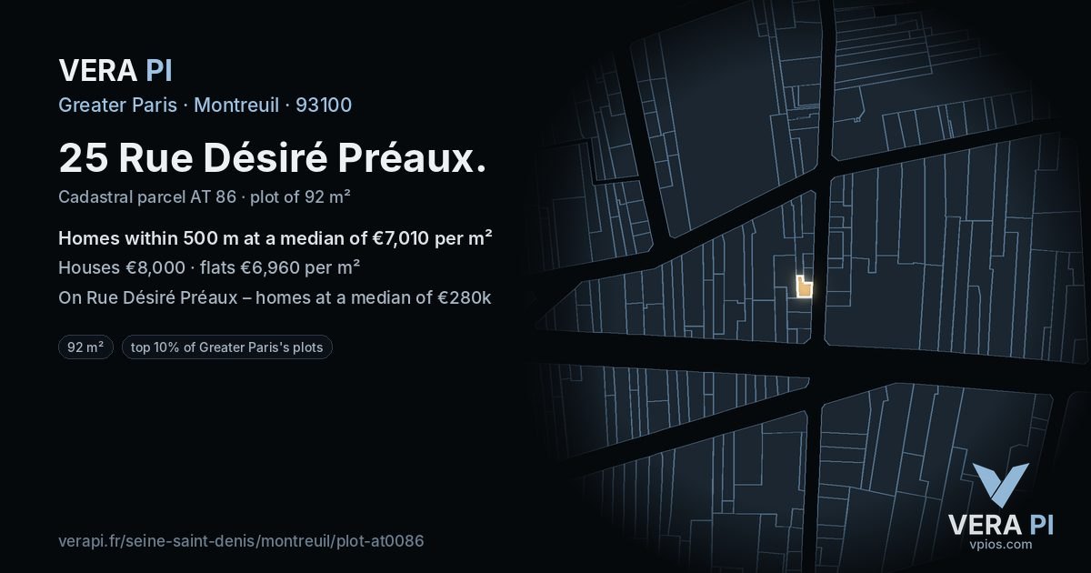 25 Rue Désiré Préaux, Montreuil at night – the plot lit, the parcels around coloured by the prices near them