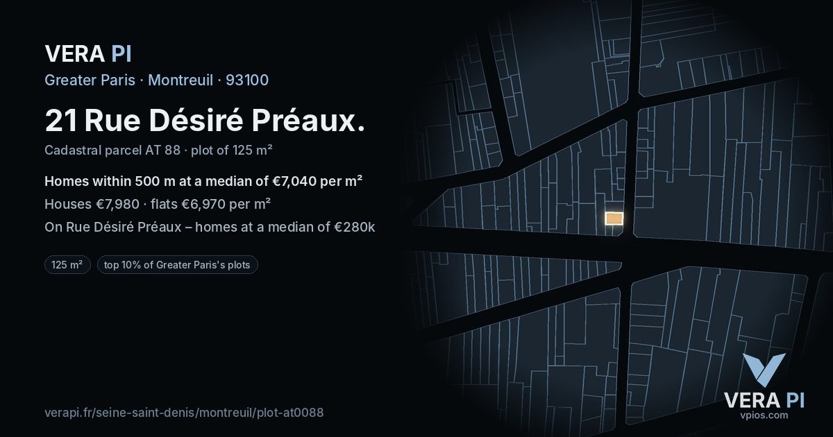 21 Rue Désiré Préaux, Montreuil at night – the plot lit, the parcels around coloured by the prices near them