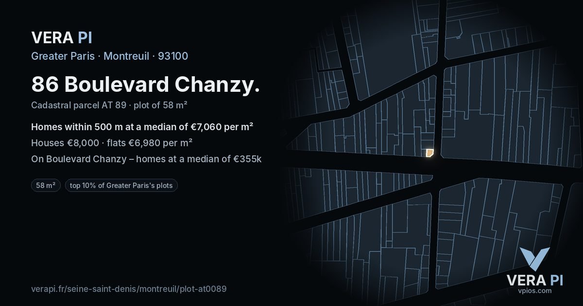 86 Boulevard Chanzy, Montreuil at night – the plot lit, the parcels around coloured by the prices near them