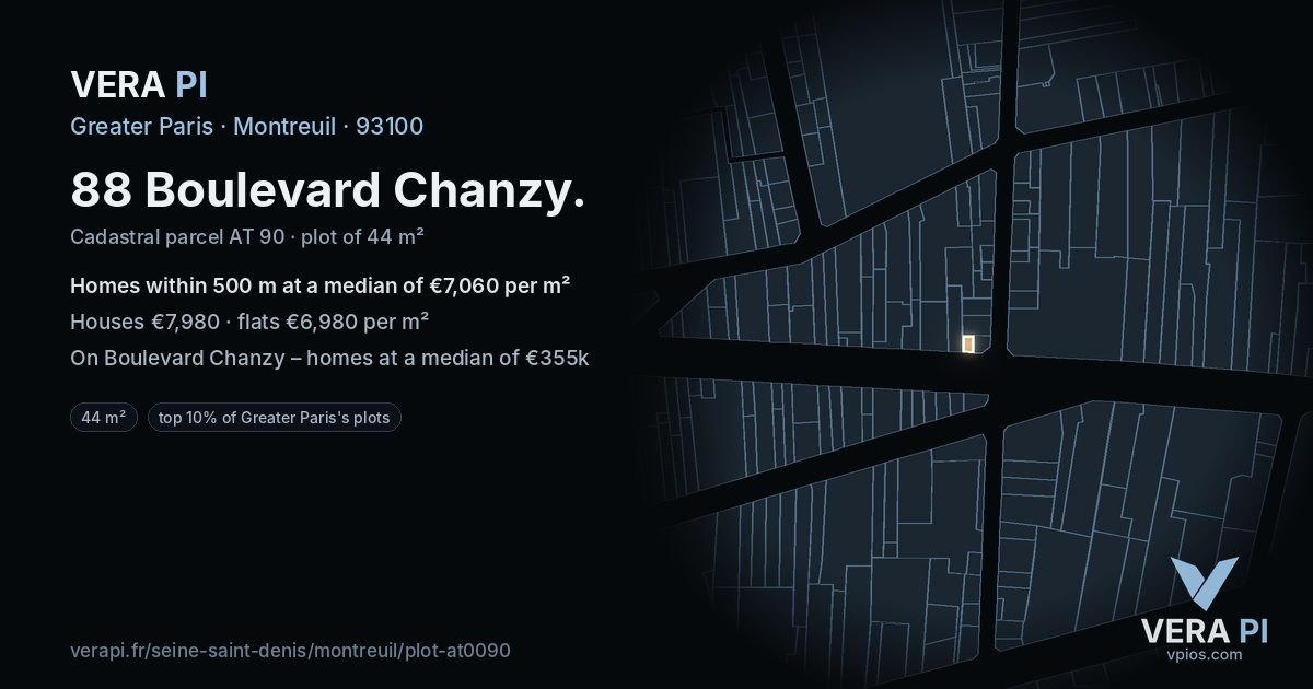 88 Boulevard Chanzy, Montreuil at night – the plot lit, the parcels around coloured by the prices near them