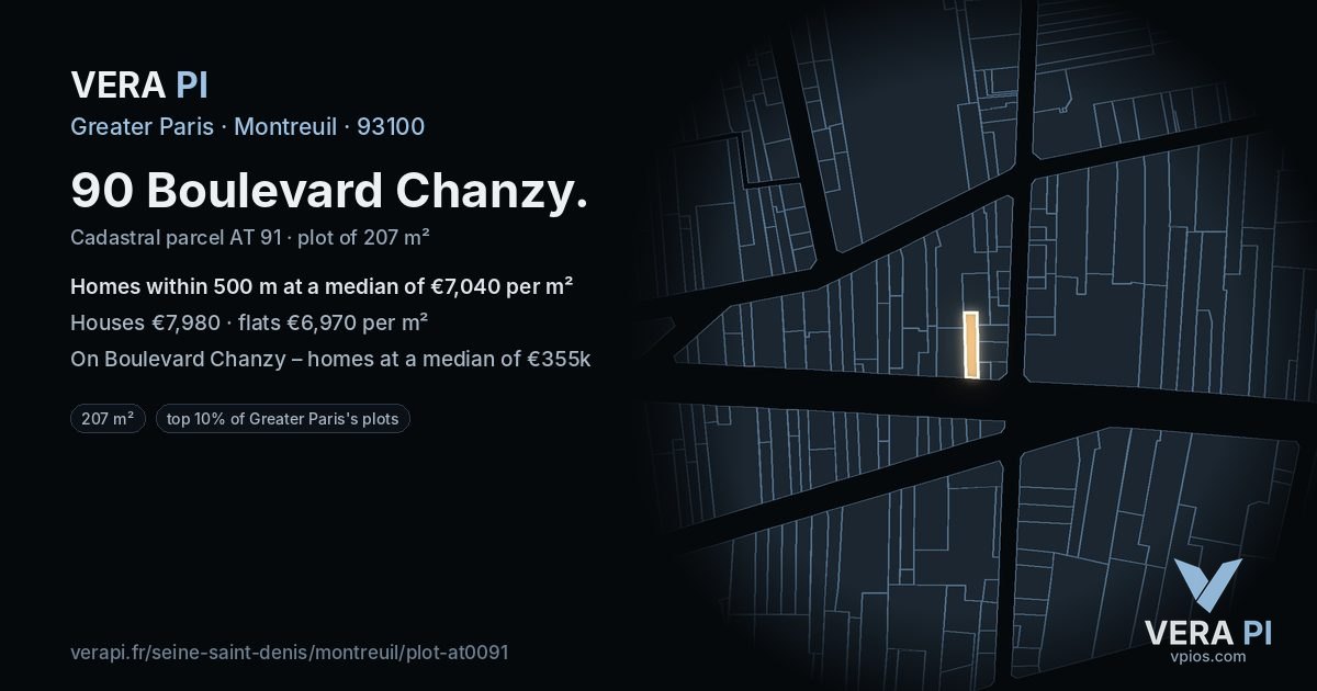 90 Boulevard Chanzy, Montreuil at night – the plot lit, the parcels around coloured by the prices near them