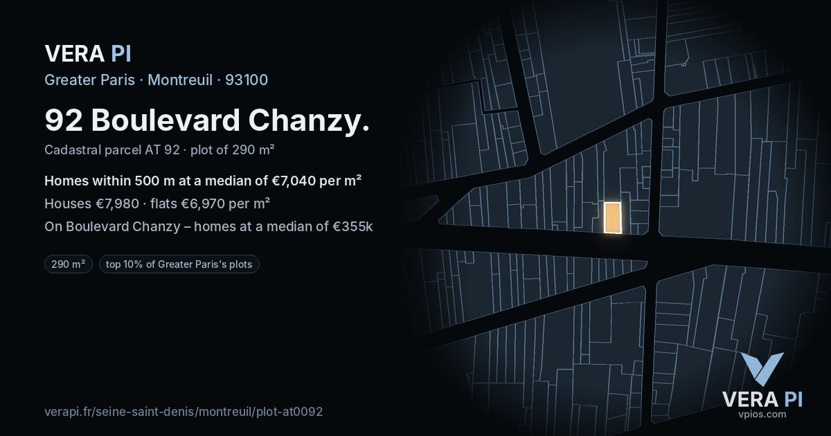 92 Boulevard Chanzy, Montreuil at night – the plot lit, the parcels around coloured by the prices near them