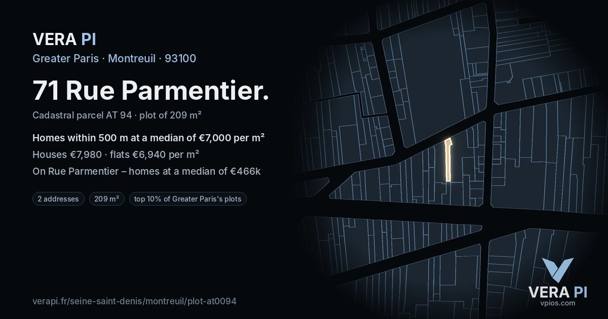 71 Rue Parmentier, Montreuil at night – the plot lit, the parcels around coloured by the prices near them