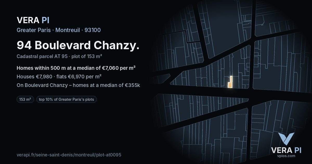 94 Boulevard Chanzy, Montreuil at night – the plot lit, the parcels around coloured by the prices near them