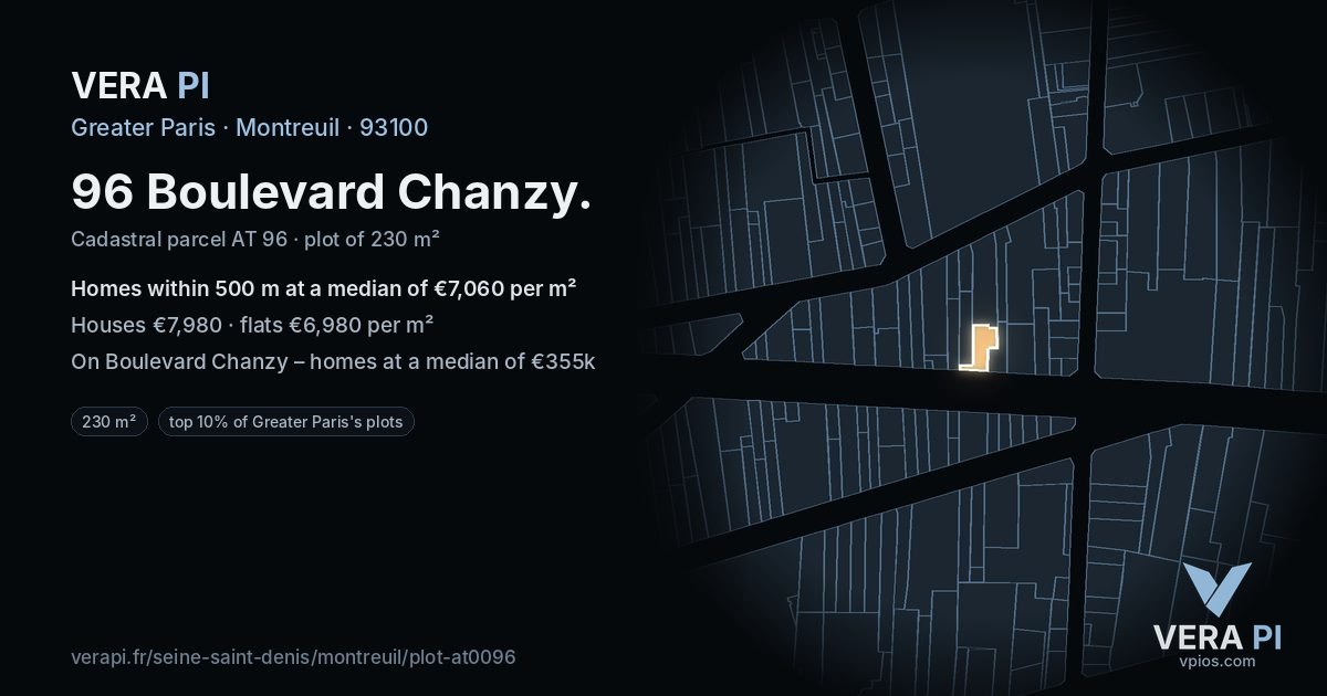 96 Boulevard Chanzy, Montreuil at night – the plot lit, the parcels around coloured by the prices near them
