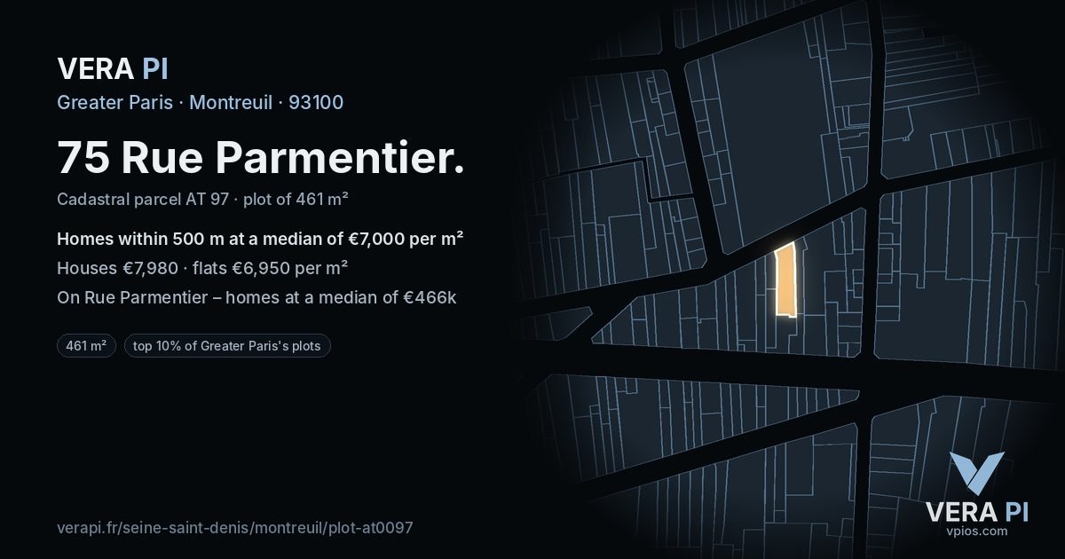 75 Rue Parmentier, Montreuil at night – the plot lit, the parcels around coloured by the prices near them
