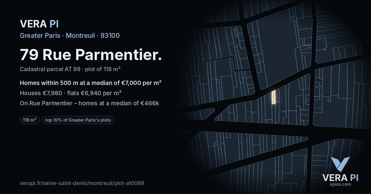 79 Rue Parmentier, Montreuil at night – the plot lit, the parcels around coloured by the prices near them