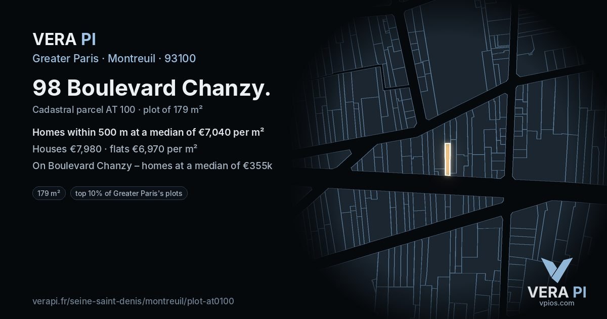 98 Boulevard Chanzy, Montreuil at night – the plot lit, the parcels around coloured by the prices near them