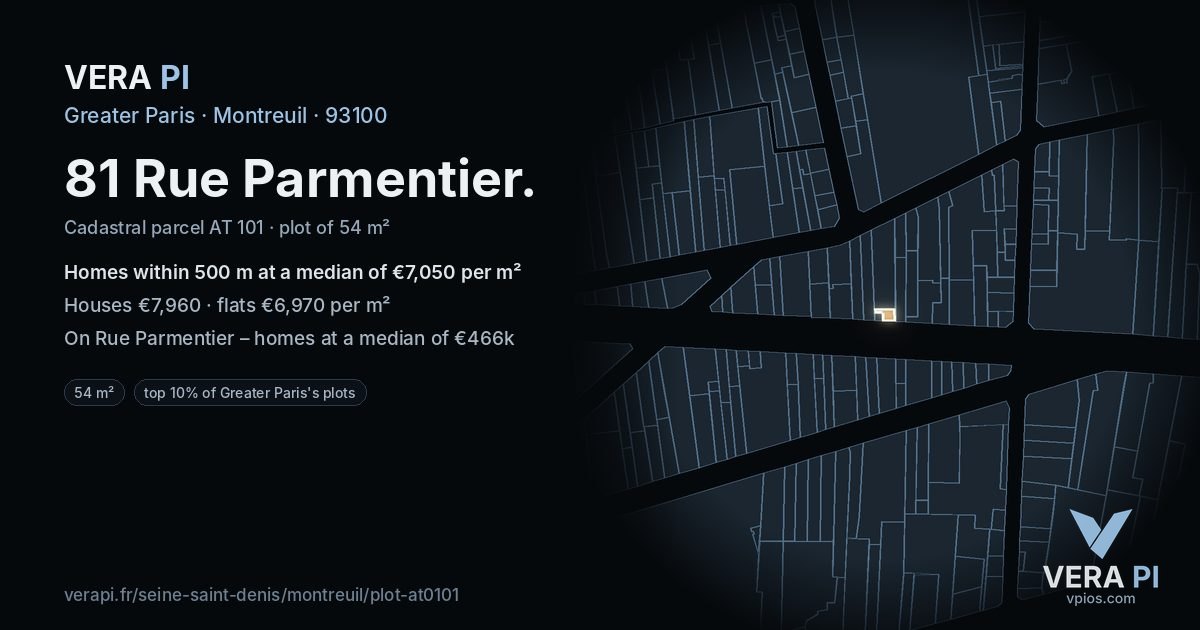 81 Rue Parmentier, Montreuil at night – the plot lit, the parcels around coloured by the prices near them