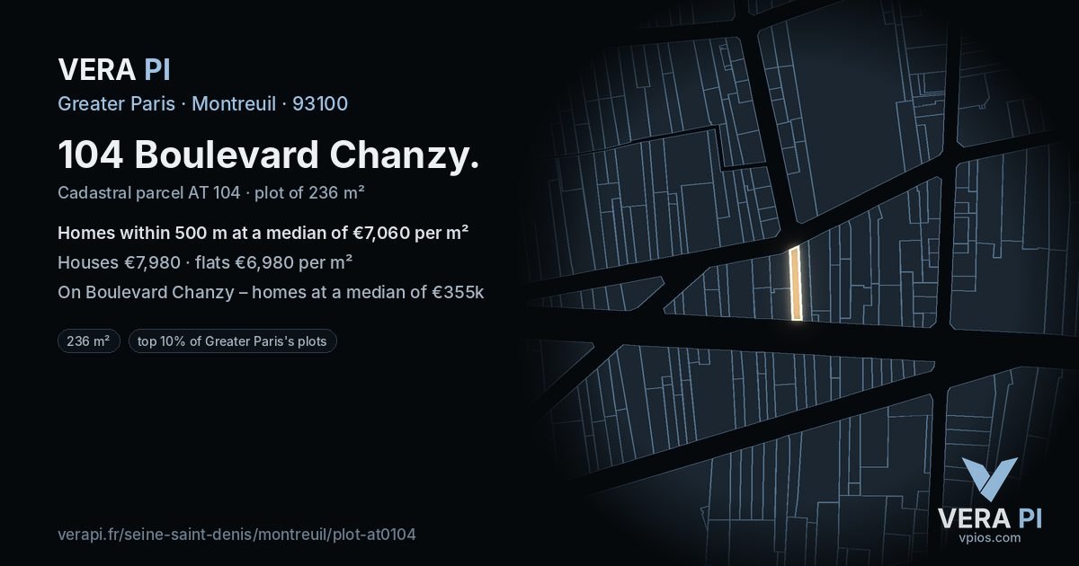 104 Boulevard Chanzy, Montreuil at night – the plot lit, the parcels around coloured by the prices near them