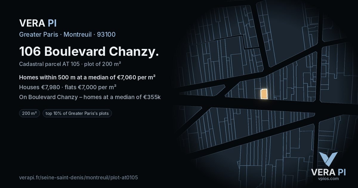 106 Boulevard Chanzy, Montreuil at night – the plot lit, the parcels around coloured by the prices near them