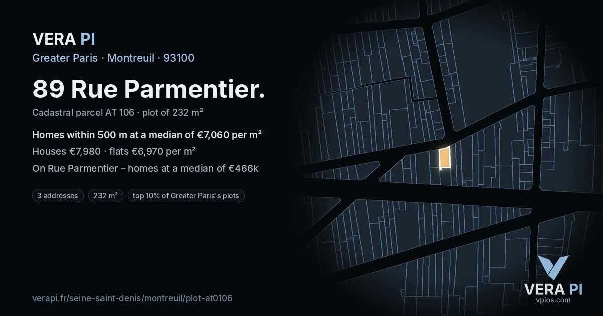 89 Rue Parmentier, Montreuil at night – the plot lit, the parcels around coloured by the prices near them