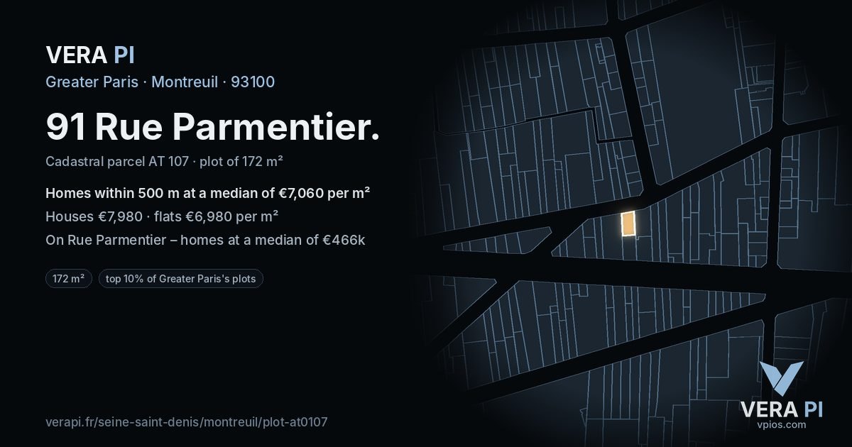91 Rue Parmentier, Montreuil at night – the plot lit, the parcels around coloured by the prices near them