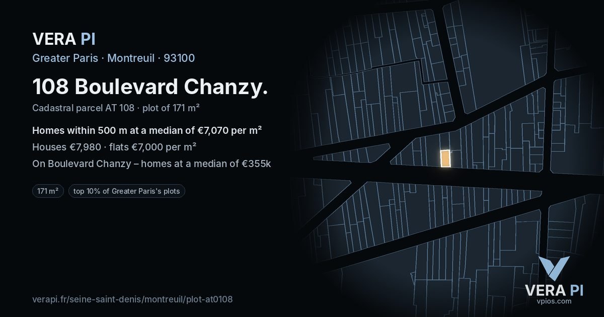 108 Boulevard Chanzy, Montreuil at night – the plot lit, the parcels around coloured by the prices near them