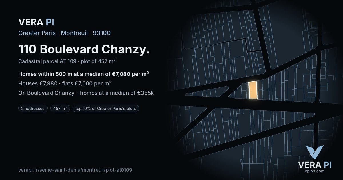 110 Boulevard Chanzy, Montreuil at night – the plot lit, the parcels around coloured by the prices near them