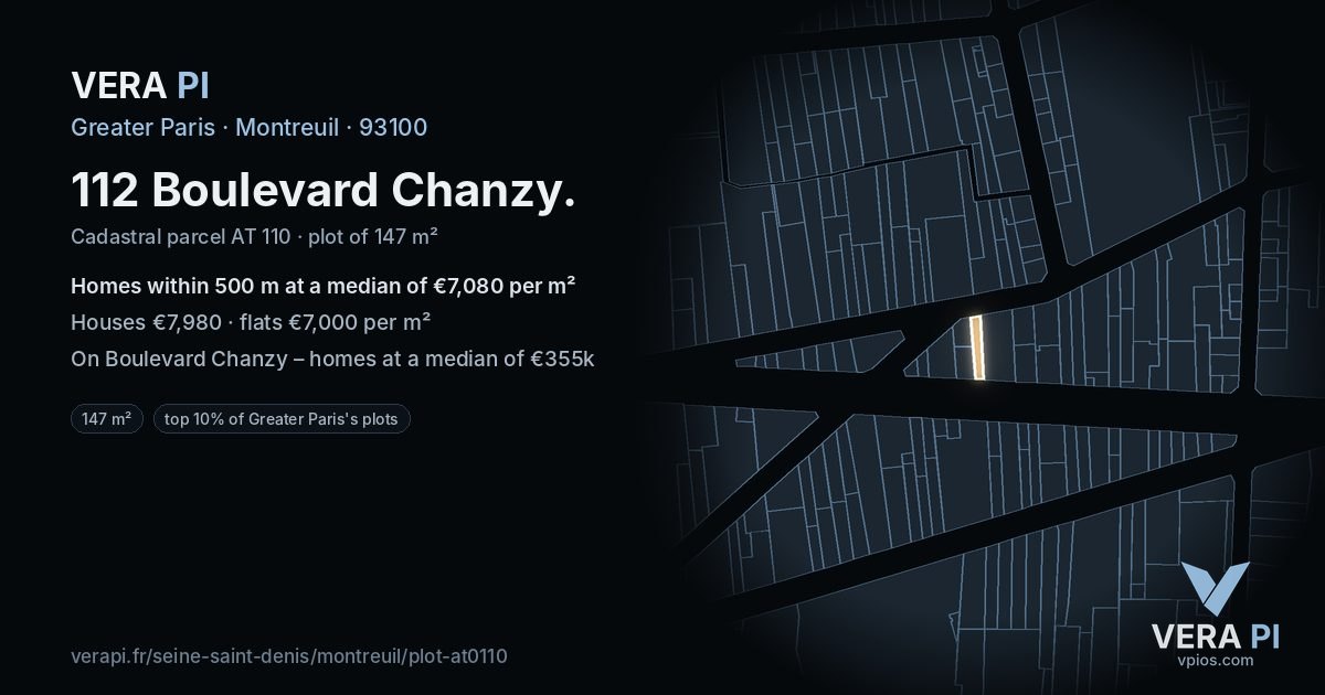 112 Boulevard Chanzy, Montreuil at night – the plot lit, the parcels around coloured by the prices near them