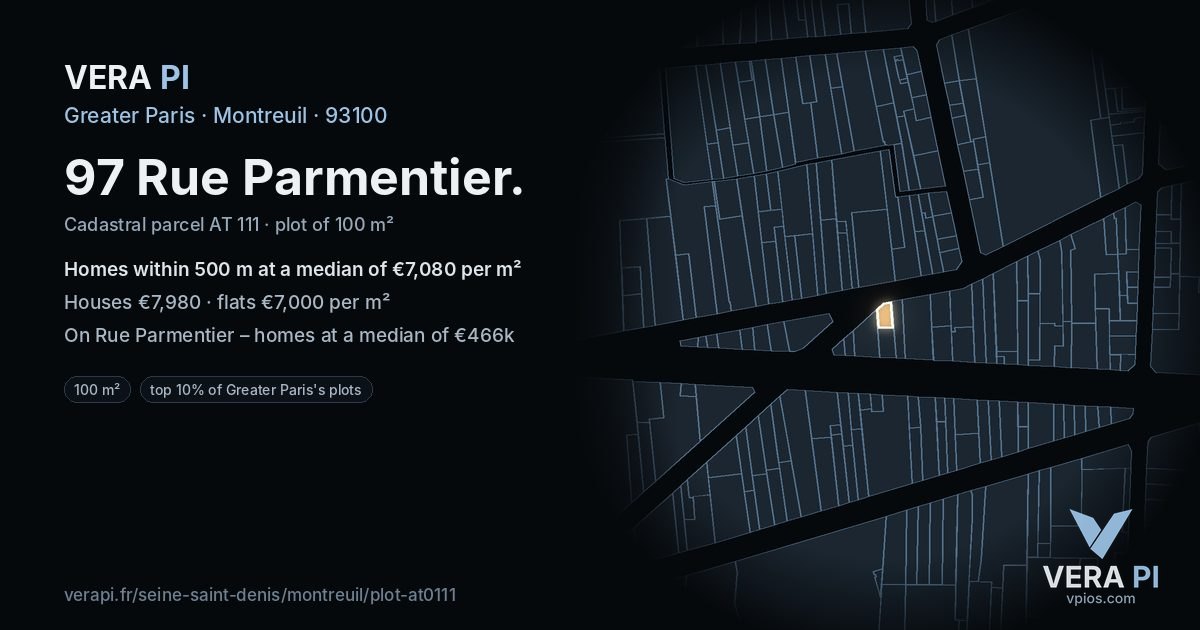 97 Rue Parmentier, Montreuil at night – the plot lit, the parcels around coloured by the prices near them