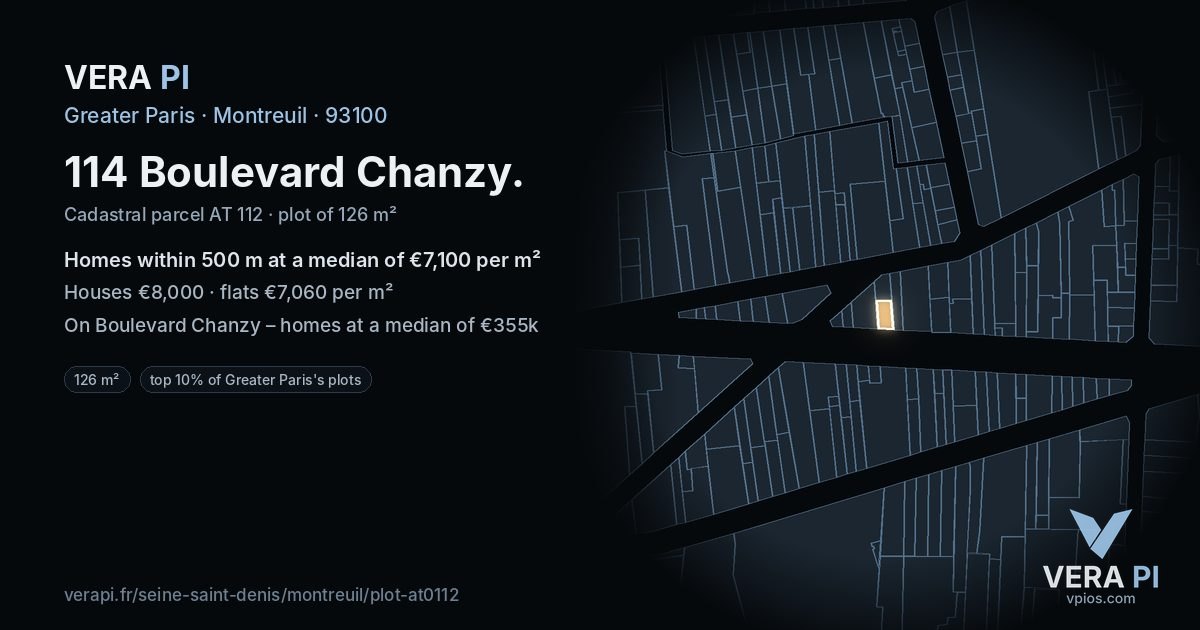 114 Boulevard Chanzy, Montreuil at night – the plot lit, the parcels around coloured by the prices near them