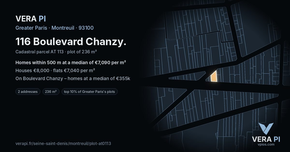 116 Boulevard Chanzy, Montreuil at night – the plot lit, the parcels around coloured by the prices near them