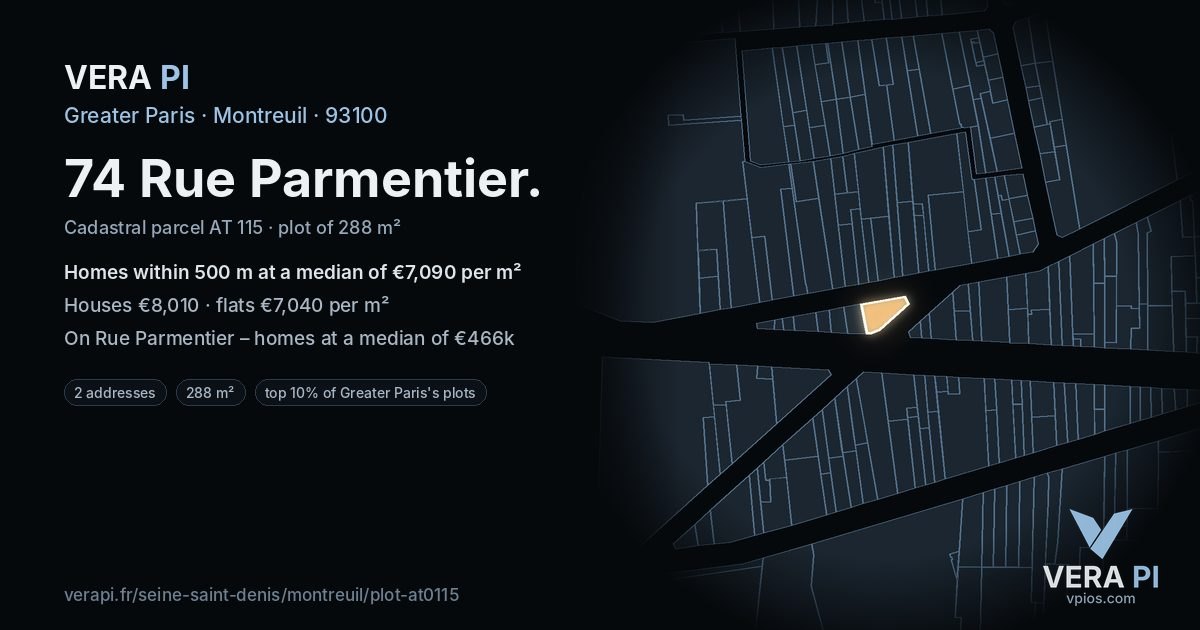74 Rue Parmentier, Montreuil at night – the plot lit, the parcels around coloured by the prices near them