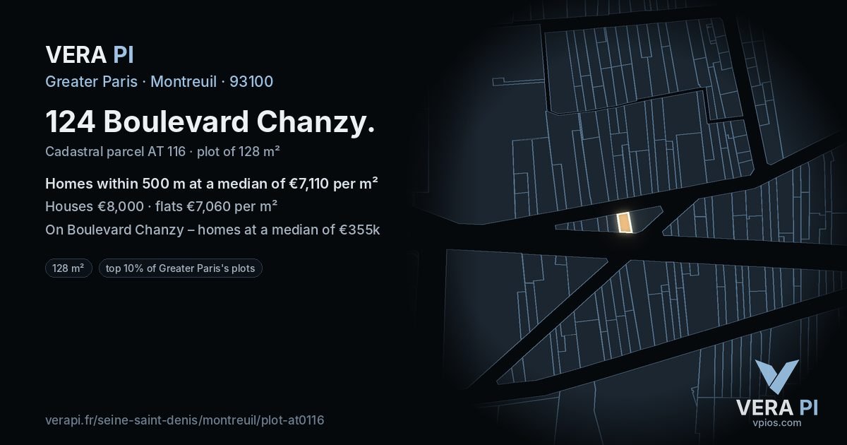 124 Boulevard Chanzy, Montreuil at night – the plot lit, the parcels around coloured by the prices near them