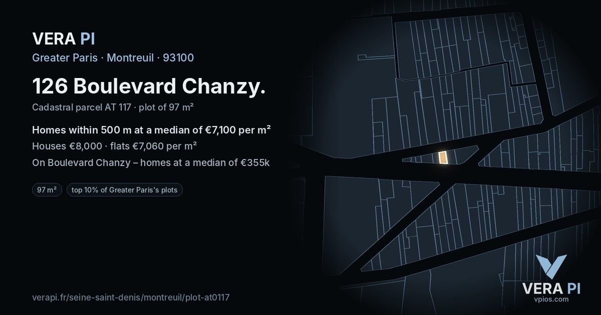 126 Boulevard Chanzy, Montreuil at night – the plot lit, the parcels around coloured by the prices near them