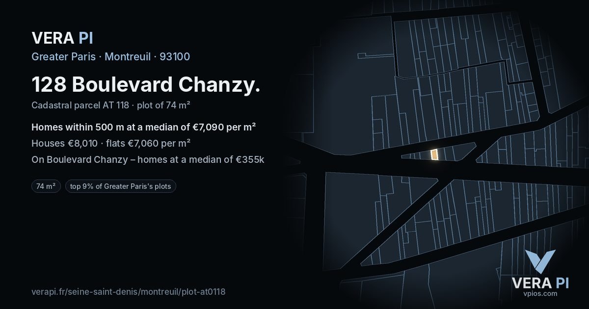 128 Boulevard Chanzy, Montreuil at night – the plot lit, the parcels around coloured by the prices near them