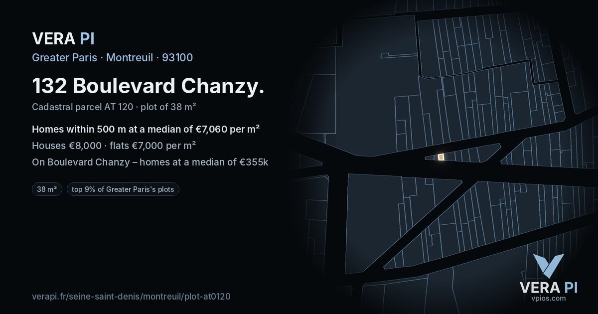 132 Boulevard Chanzy, Montreuil at night – the plot lit, the parcels around coloured by the prices near them