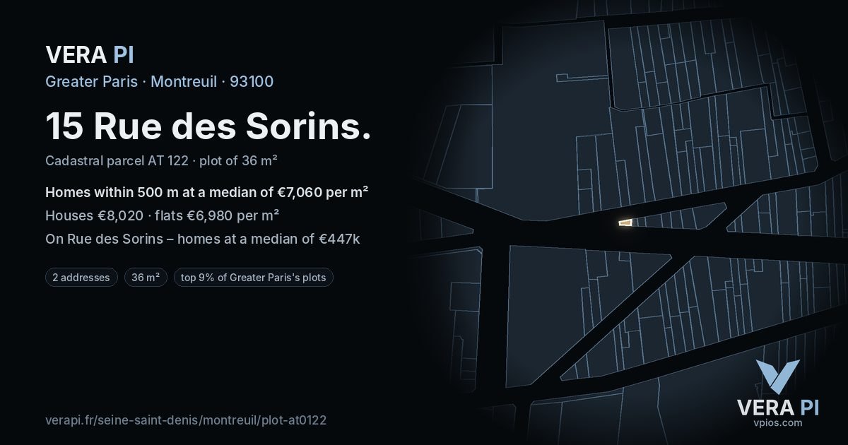 15 Rue des Sorins, Montreuil at night – the plot lit, the parcels around coloured by the prices near them