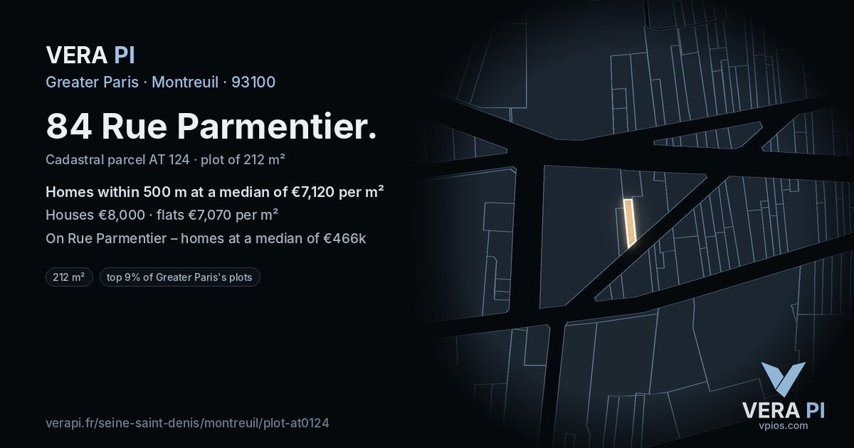 84 Rue Parmentier, Montreuil at night – the plot lit, the parcels around coloured by the prices near them