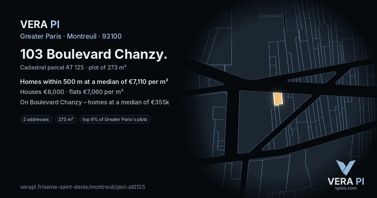 103 Boulevard Chanzy, Montreuil at night – the plot lit, the parcels around coloured by the prices near them