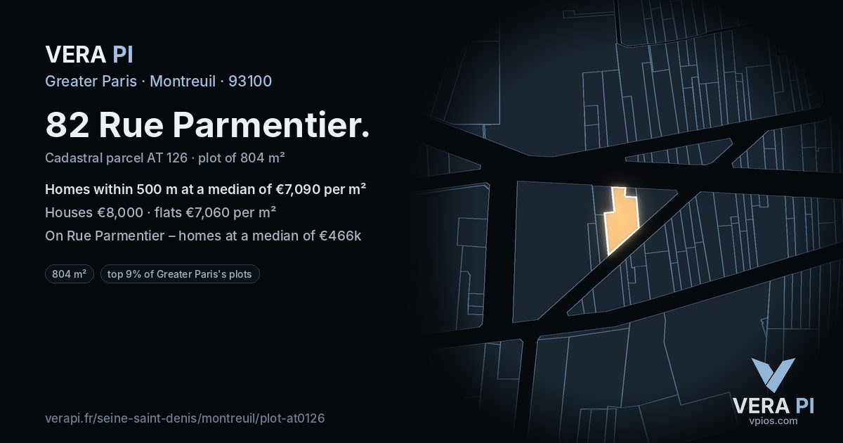 82 Rue Parmentier, Montreuil at night – the plot lit, the parcels around coloured by the prices near them