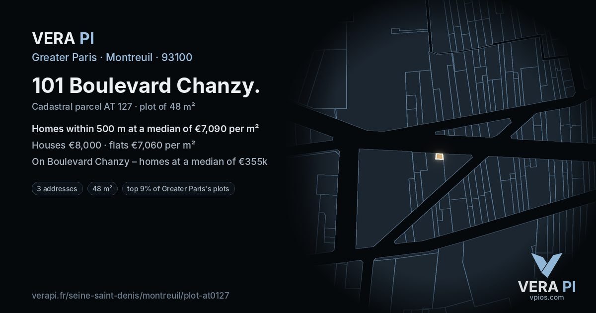 101 Boulevard Chanzy, Montreuil at night – the plot lit, the parcels around coloured by the prices near them