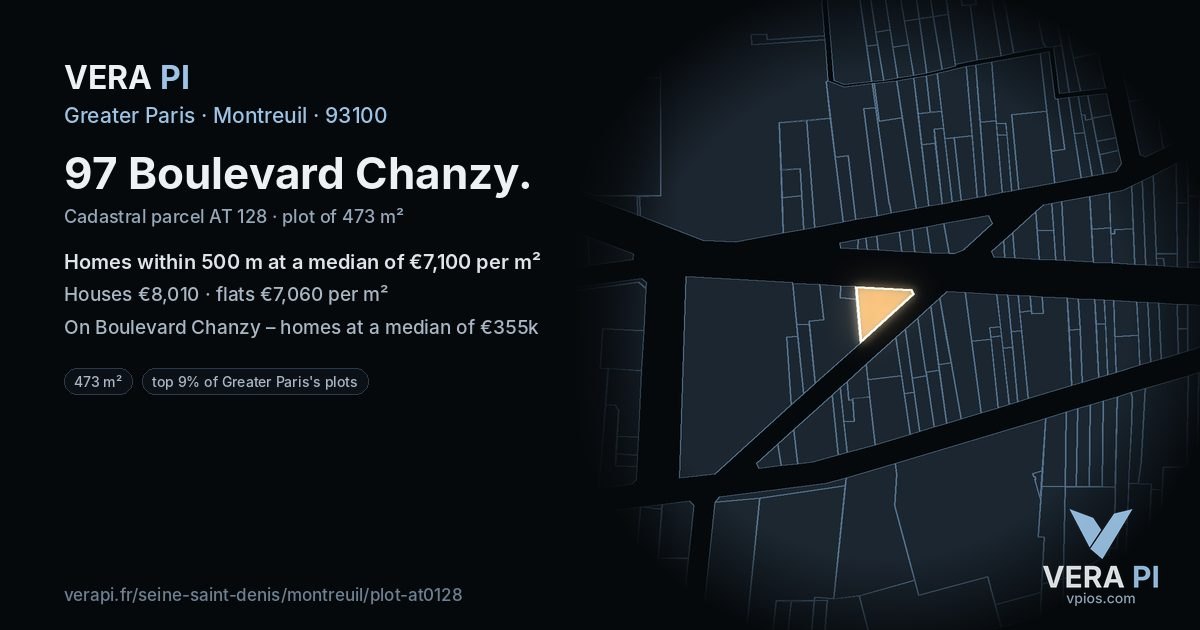 97 Boulevard Chanzy, Montreuil at night – the plot lit, the parcels around coloured by the prices near them