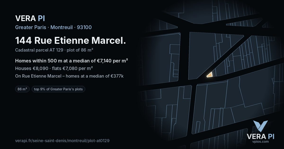 144 Rue Etienne Marcel, Montreuil at night – the plot lit, the parcels around coloured by the prices near them