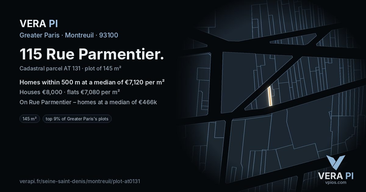 115 Rue Parmentier, Montreuil at night – the plot lit, the parcels around coloured by the prices near them