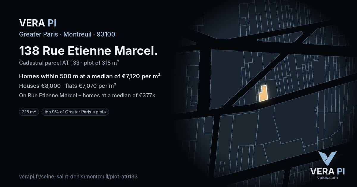 138 Rue Etienne Marcel, Montreuil at night – the plot lit, the parcels around coloured by the prices near them