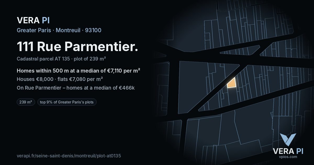 111 Rue Parmentier, Montreuil at night – the plot lit, the parcels around coloured by the prices near them