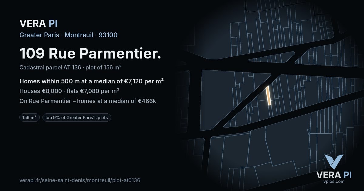 109 Rue Parmentier, Montreuil at night – the plot lit, the parcels around coloured by the prices near them
