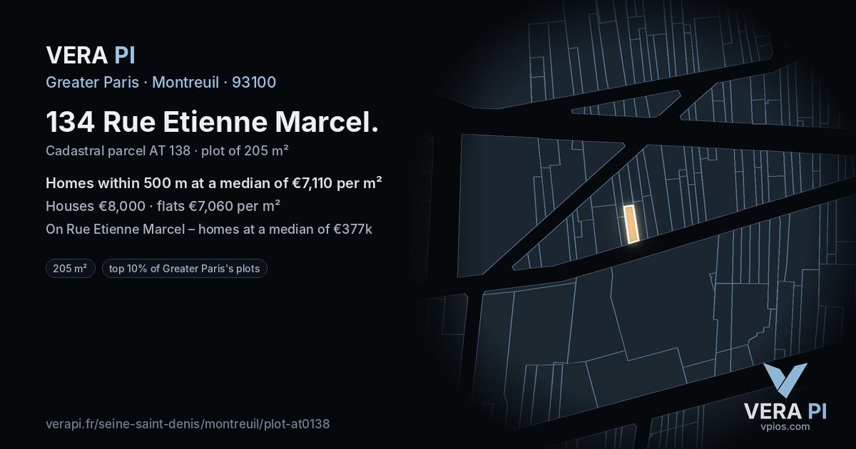134 Rue Etienne Marcel, Montreuil at night – the plot lit, the parcels around coloured by the prices near them