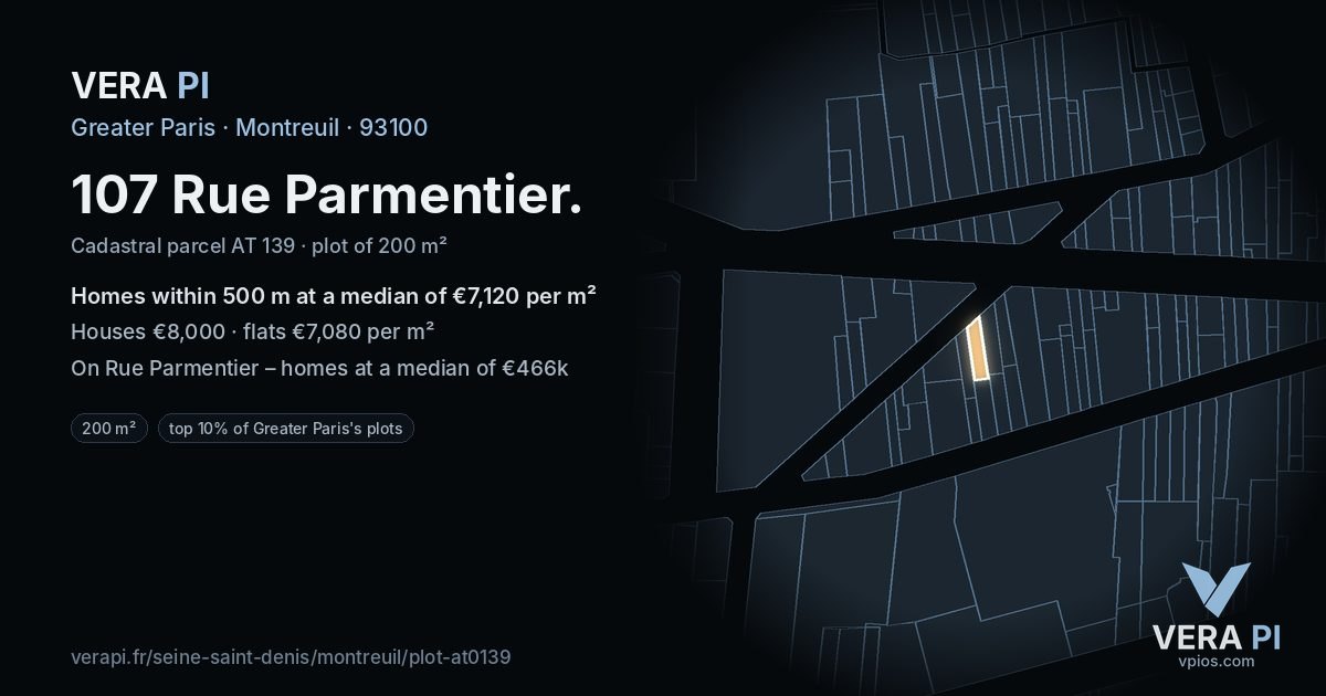 107 Rue Parmentier, Montreuil at night – the plot lit, the parcels around coloured by the prices near them