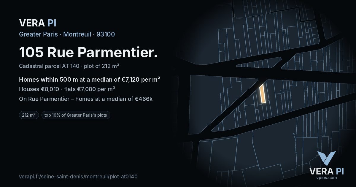 105 Rue Parmentier, Montreuil at night – the plot lit, the parcels around coloured by the prices near them