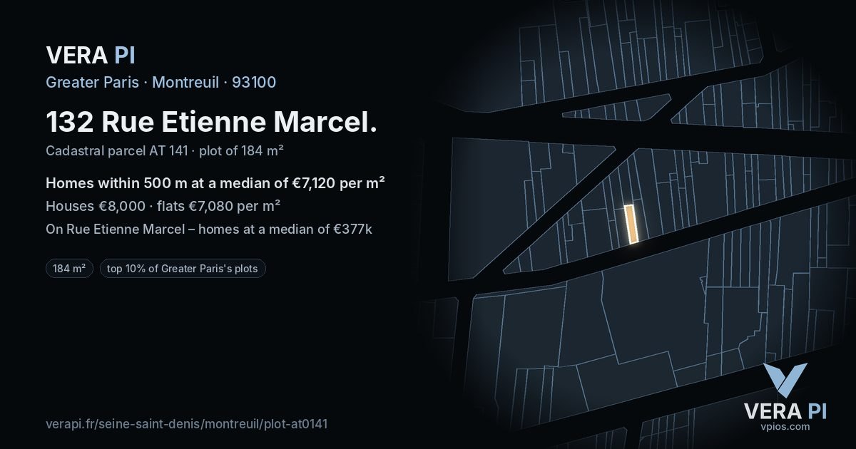 132 Rue Etienne Marcel, Montreuil at night – the plot lit, the parcels around coloured by the prices near them