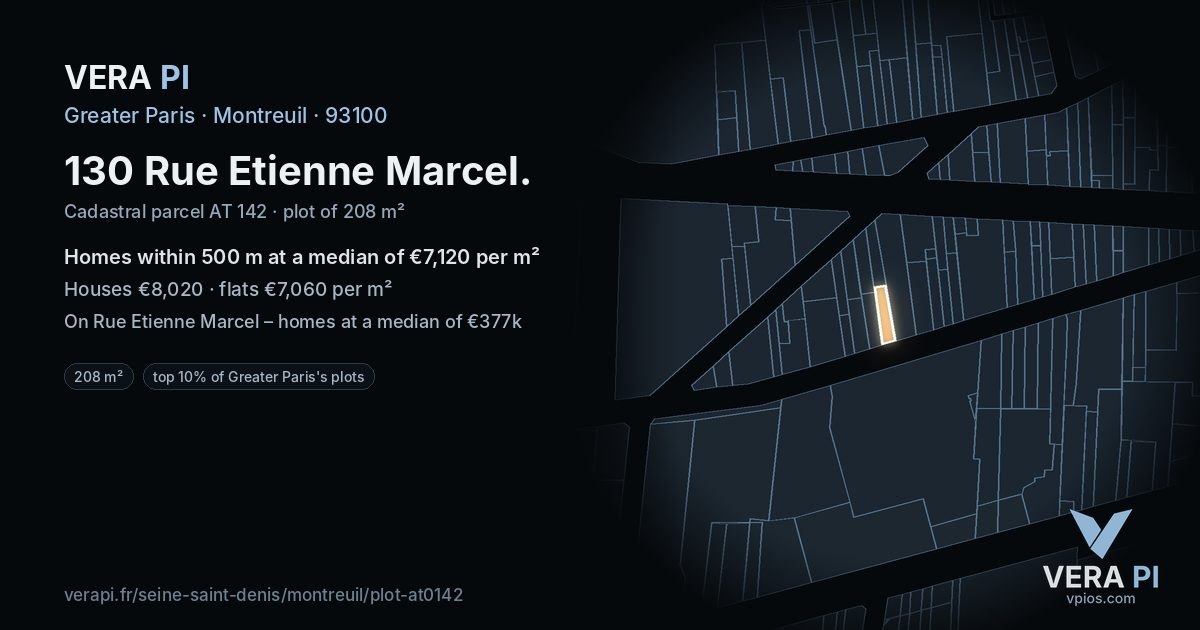 130 Rue Etienne Marcel, Montreuil at night – the plot lit, the parcels around coloured by the prices near them