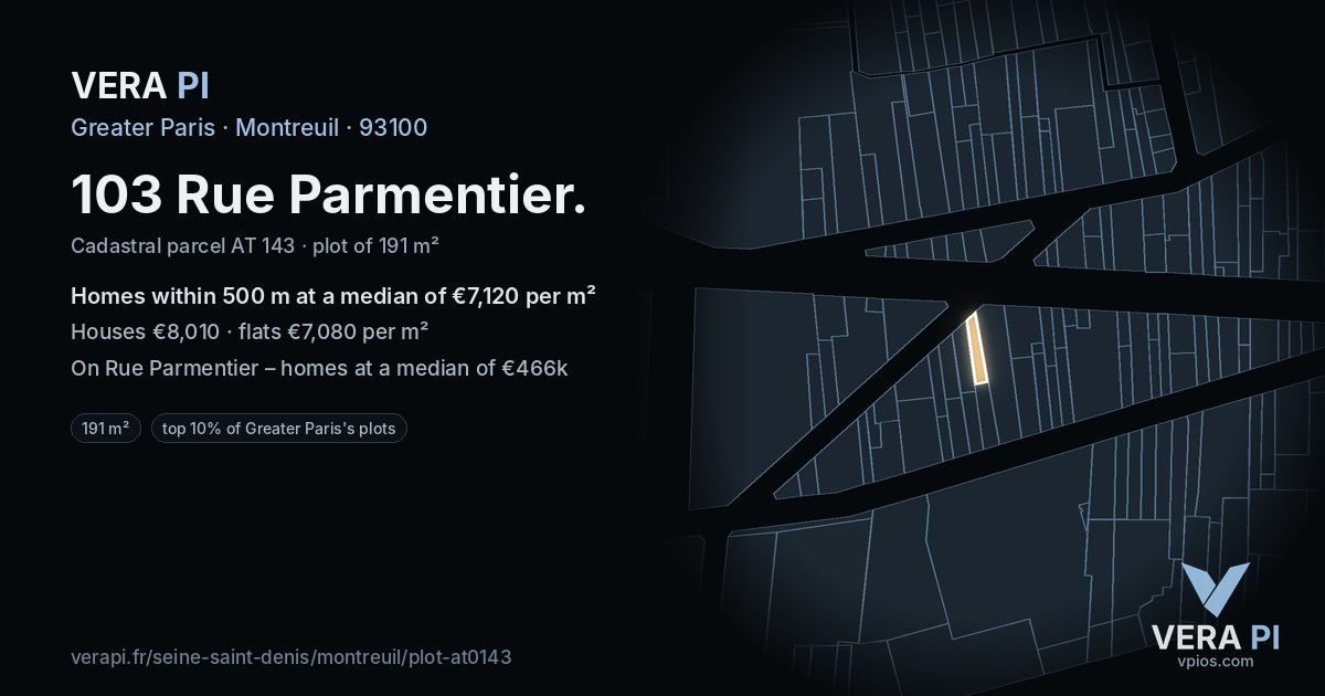 103 Rue Parmentier, Montreuil at night – the plot lit, the parcels around coloured by the prices near them